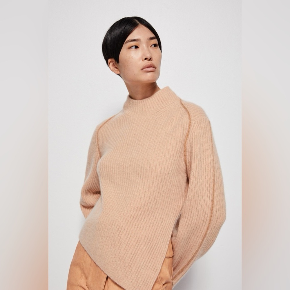 Jonathan Simkhai Aliana 100% Cashmere Asymmetrical Turtleneck Sweater Caramel‎ S
